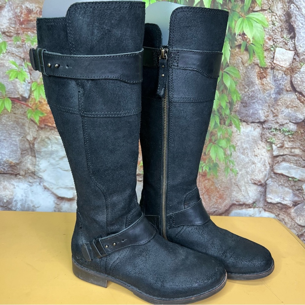 UGG Black Leather and Suede Shearling Sole Moto Style Zip Riding Boots, 6.5 - Picture 9 of 13